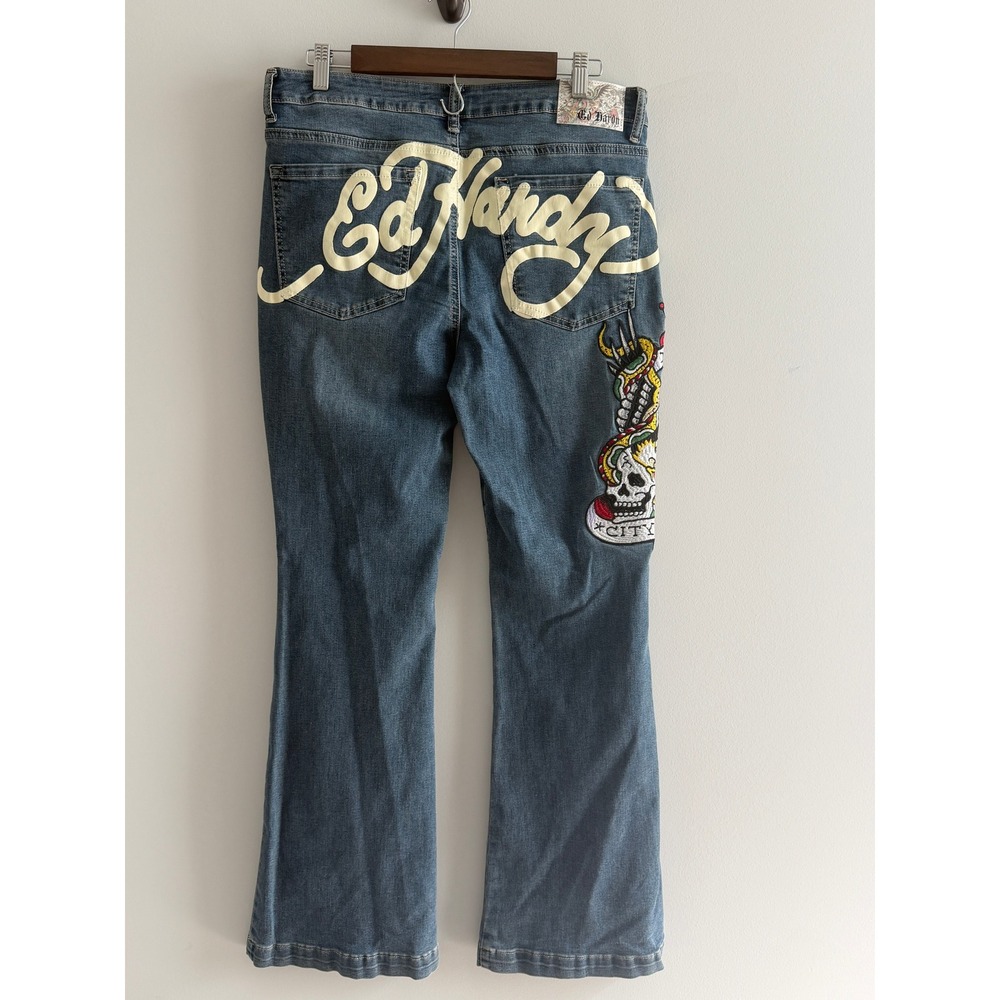 Ed Hardy NYC EAGLE SLIM FLARE Embroidery JEANS Size 32 Y2k